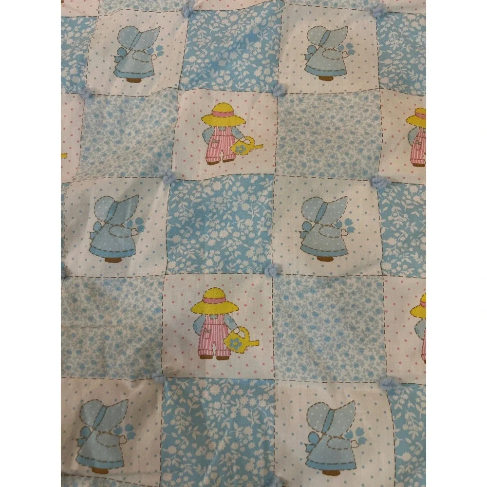 Quilted‎ Baby Blanket Blue Bunny Girl Watering Can Print Nursery